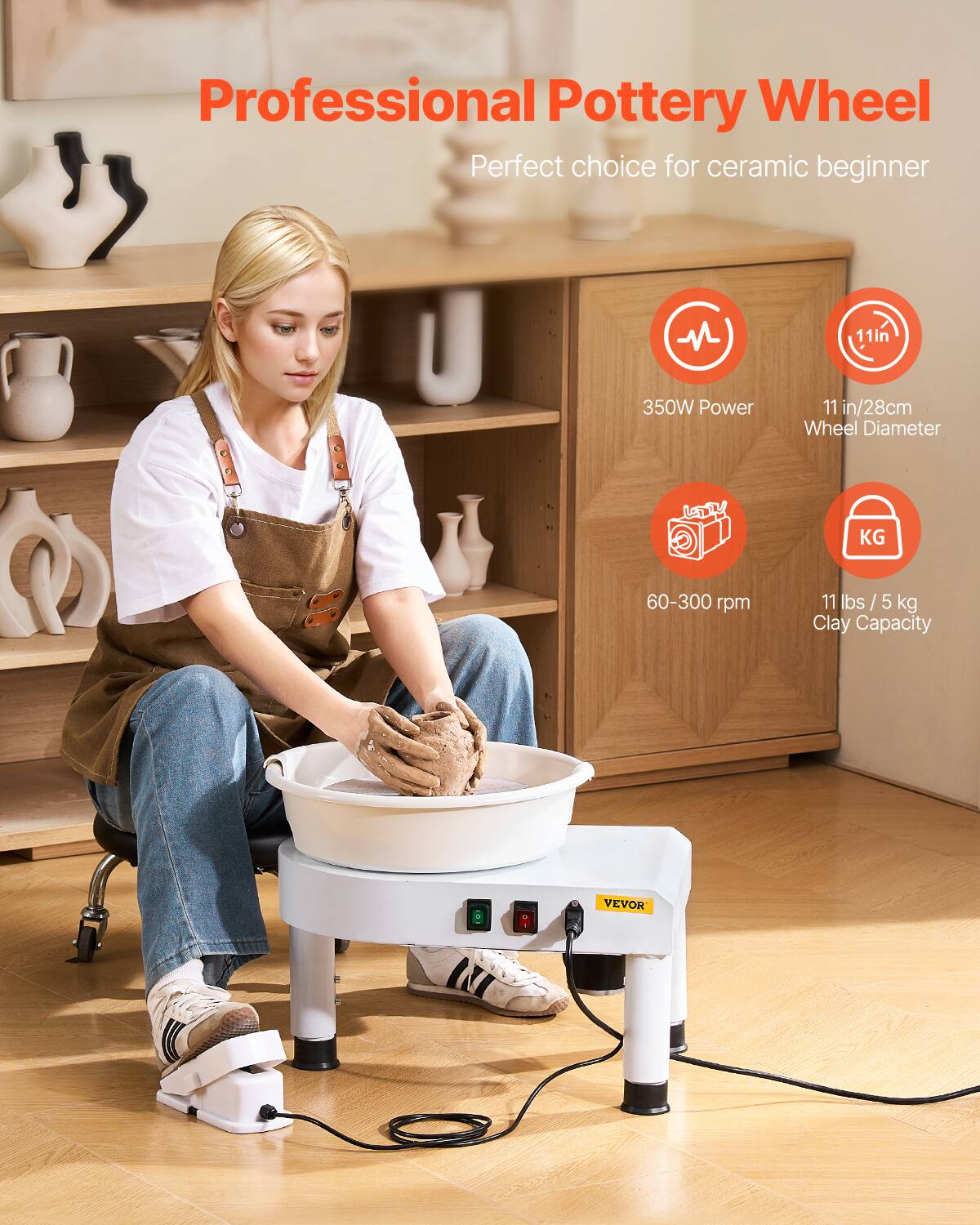 Professional Pottery Wheel, Perfect choice for ceramic beginner, 11in, 350W Power, 11 in/28cm Wheel Diameter, 60-300 rpm, 11 lbs / 5 kg Clay Capacity - VEVOR