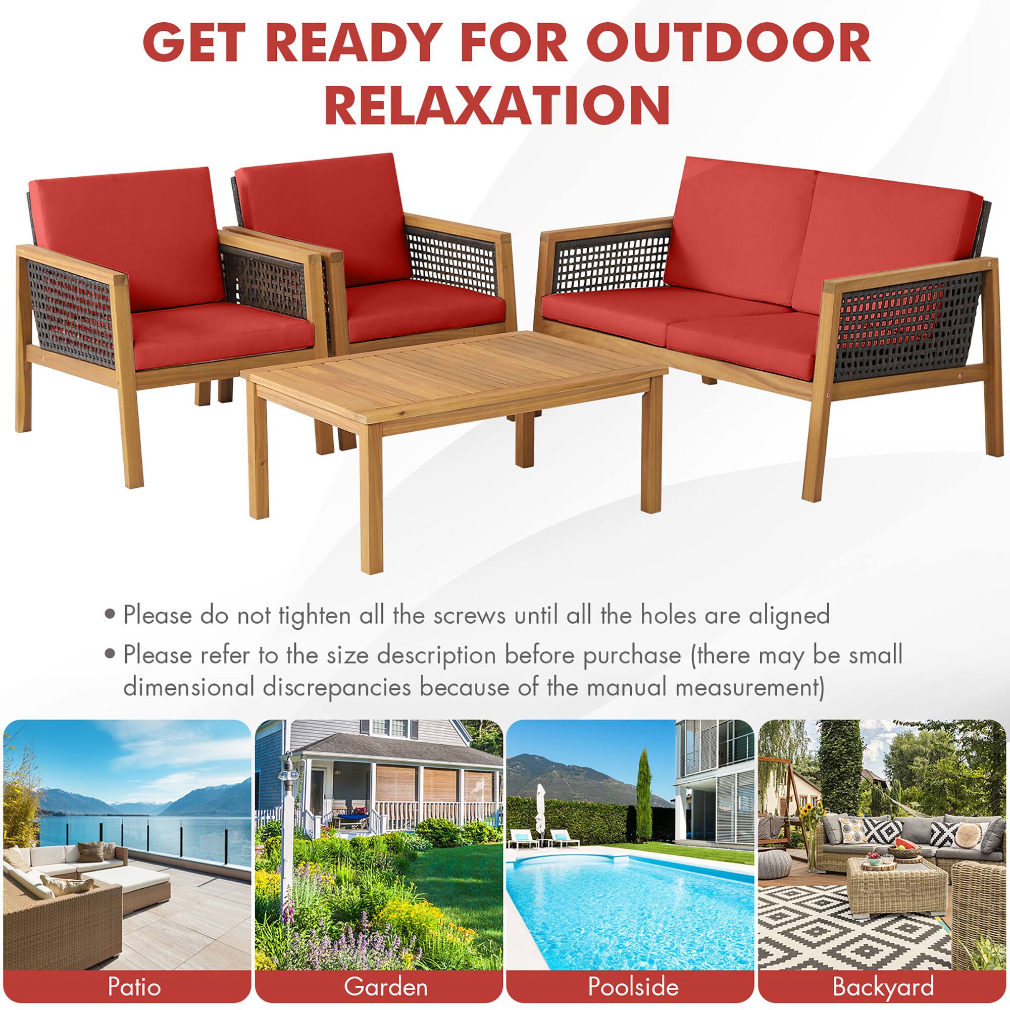 GET READY FOR OUTDOOR RELAXATION

Please do not tighten all the screws until all the holes are aligned

Please refer to the size description before purchase (there may be small dimensional discrepancies because of the manual measurement)

Patio
Garden
Poolside
Backyard