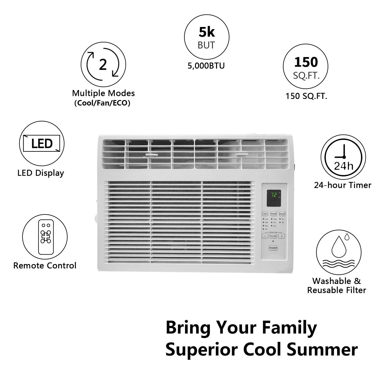 2 Multiple Modes (Cool/Fan/ECO)  
5k BUT 5,000BTU  
150 SQ.FT.  
LED Display  
12 24-hour Timer  
Remote Control  
Washable & Reusable Filter  
Bring Your Family Superior Cool Summer