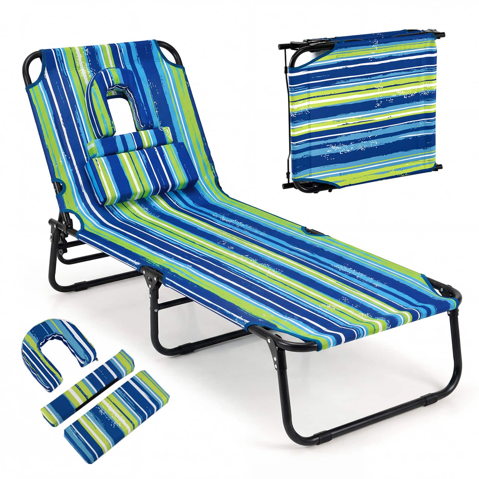 Costway - Folding Beach Sun Lounger with Face Hole & Removable Pillows, 4-Position Backrest - Blue Stripe
