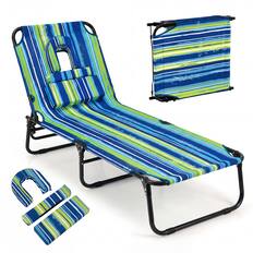 Front. Costway - Costway Beach Chaise Lounge Chair with Face Hole Pillows & 4-Position Adjustable Backrest - Blue&Green.