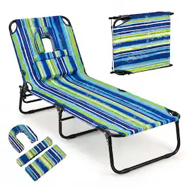 Costway - Folding Beach Sun Lounger with Face Hole & Removable Pillows, 4-Position Backrest - Blue Stripe