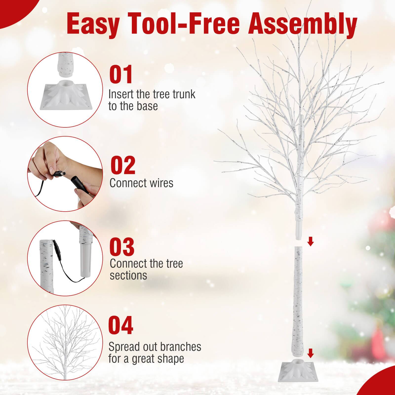 Easy Tool-Free Assembly

01 Insert the tree trunk to the base

02 Connect wires

03 Connect the tree sections

04 Spread out branches for a great shape
