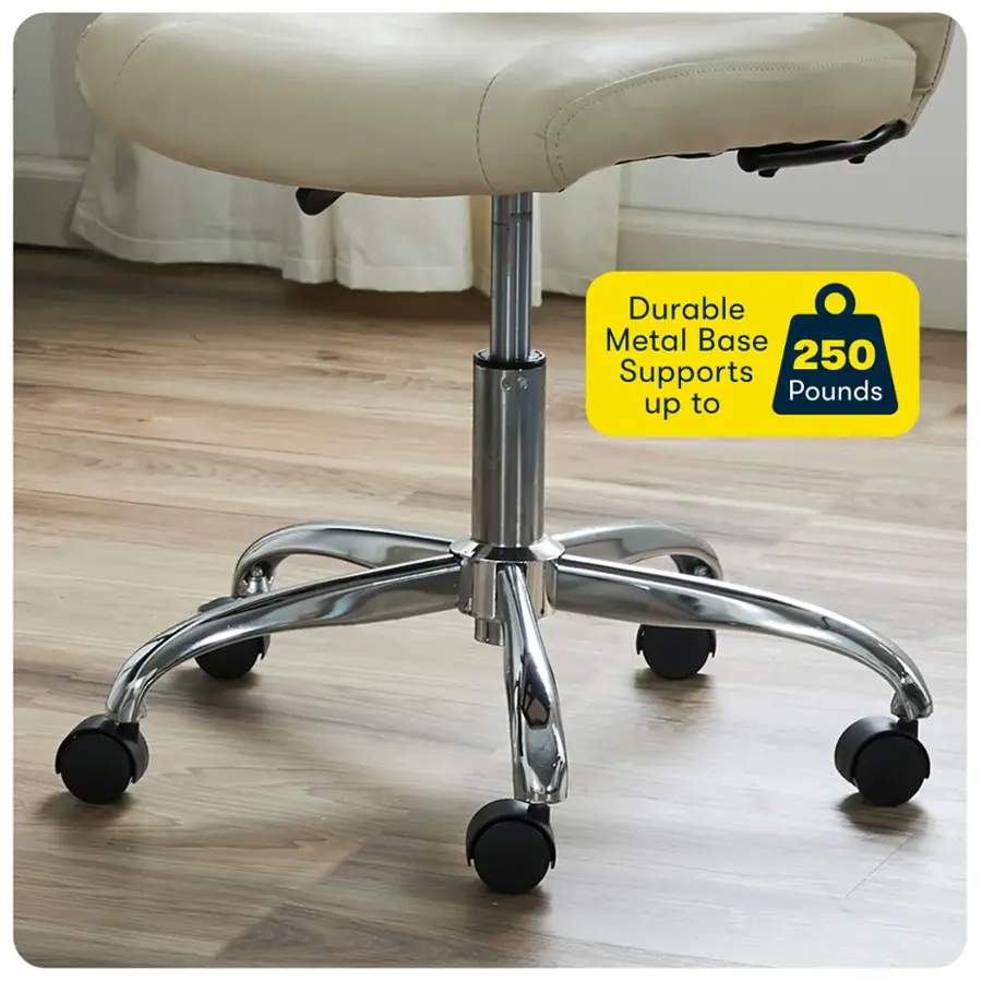 The image features a white chair with a metal base, which is designed to be durable and support up to 250 pounds. The chair is placed on a wooden floor, and the metal base is visible underneath the chair. The chair appears to be comfortable and well-suited for various uses, such as office work or leisure activities.