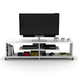 APRILSOUL - Mid Century Modern Tv Stand 4 Shelves Open Storage Wood Legs Entertainment Centre 57 inch Low Tv Unit and White - Walnut