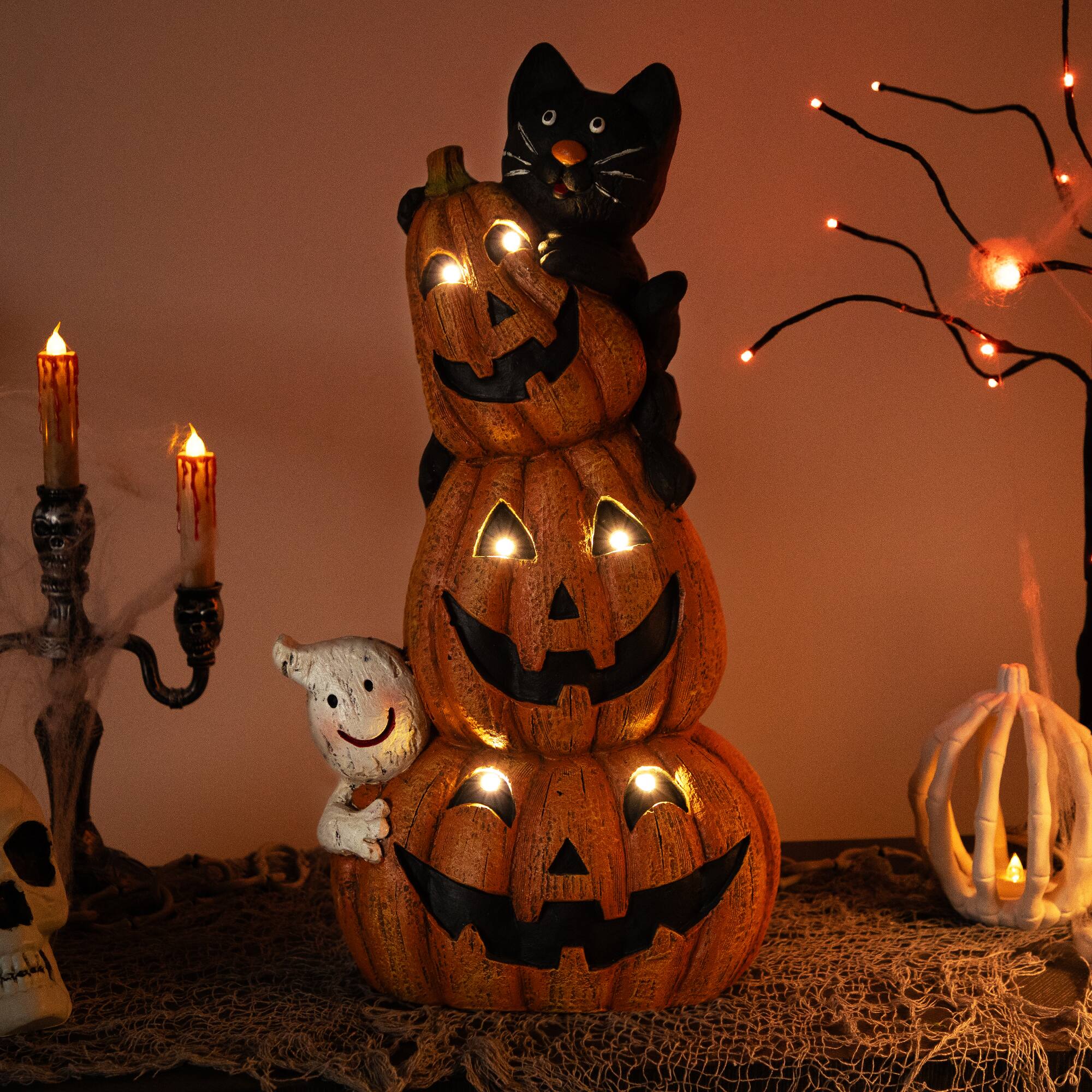 Front. Northlight - Lighted Stacked Jack-O-Lanterns with Ghost and Black Cat Halloween Decoration - 20" - LED Clear Lights - Orange.