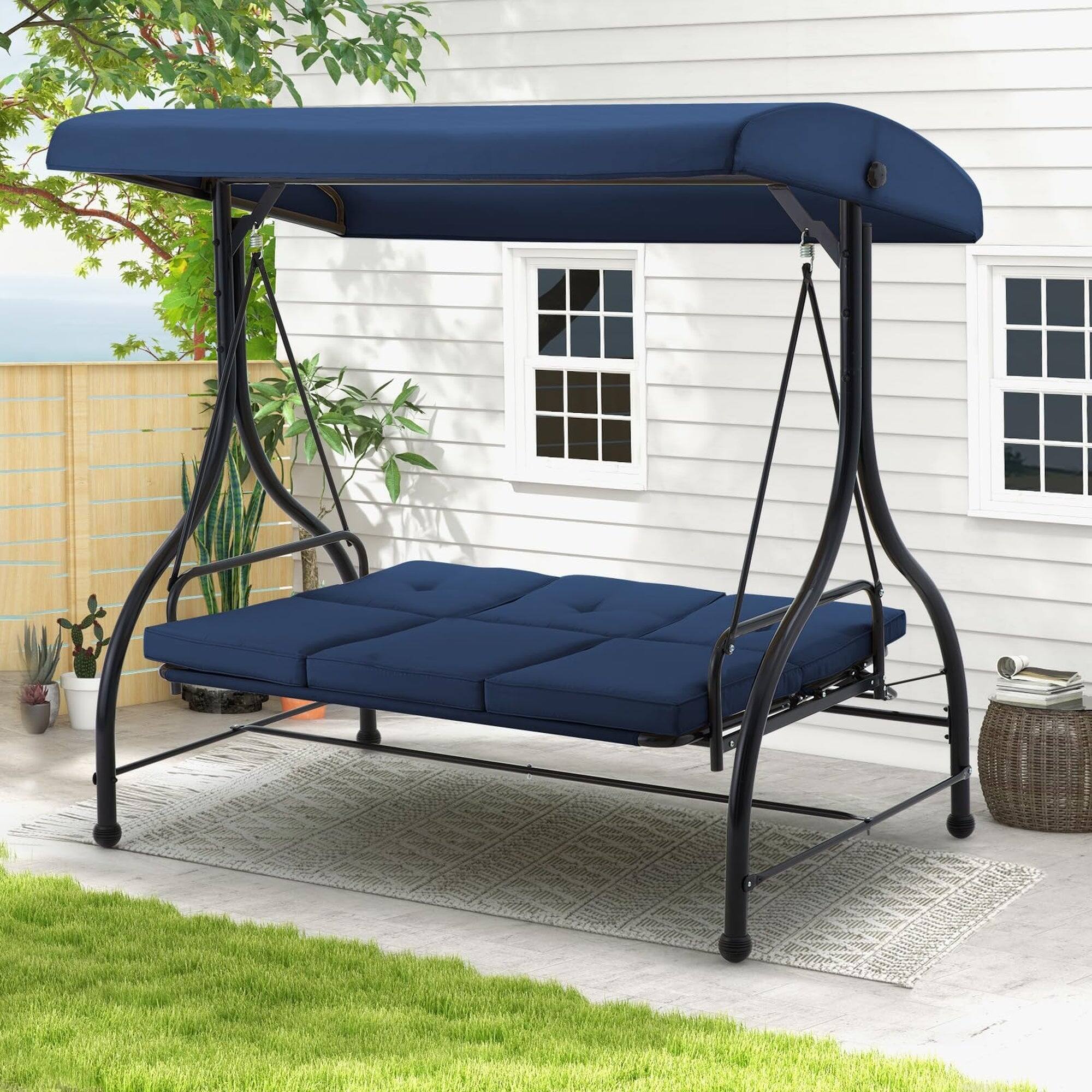 Alt View 2. Boyel Living - 3 Person Metal Patio Swing Chair Outdoor Porch Swing for Garden Backyard Deck - Blue.