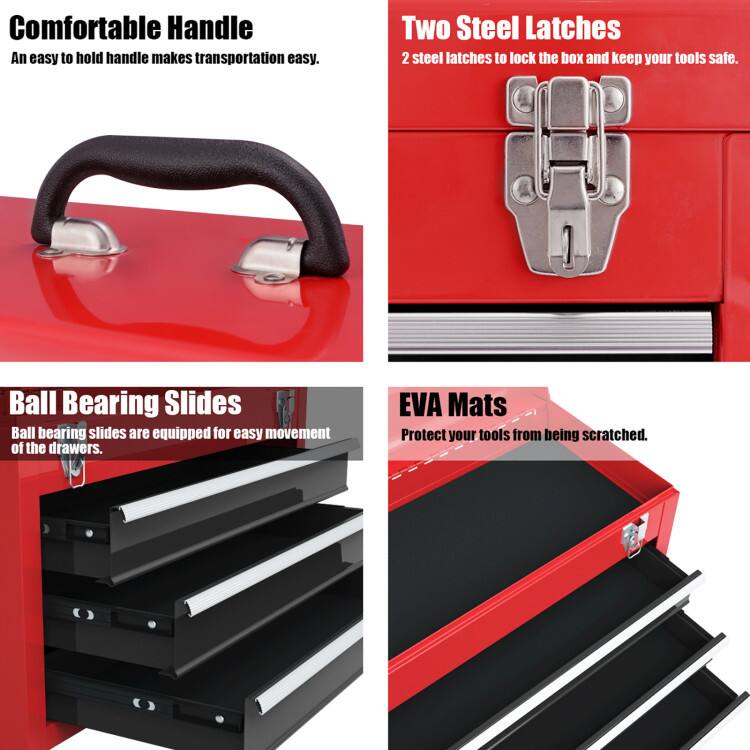Comfortable Handle
An easy to hold handle makes transportation easy.

Two Steel Latches
2 steel latches to lock the box and keep your tools safe.

Ball Bearing Slides
Ball bearing slides are equipped for easy movement of the drawers.

EVA Mats
Protect your tools from being scratched.