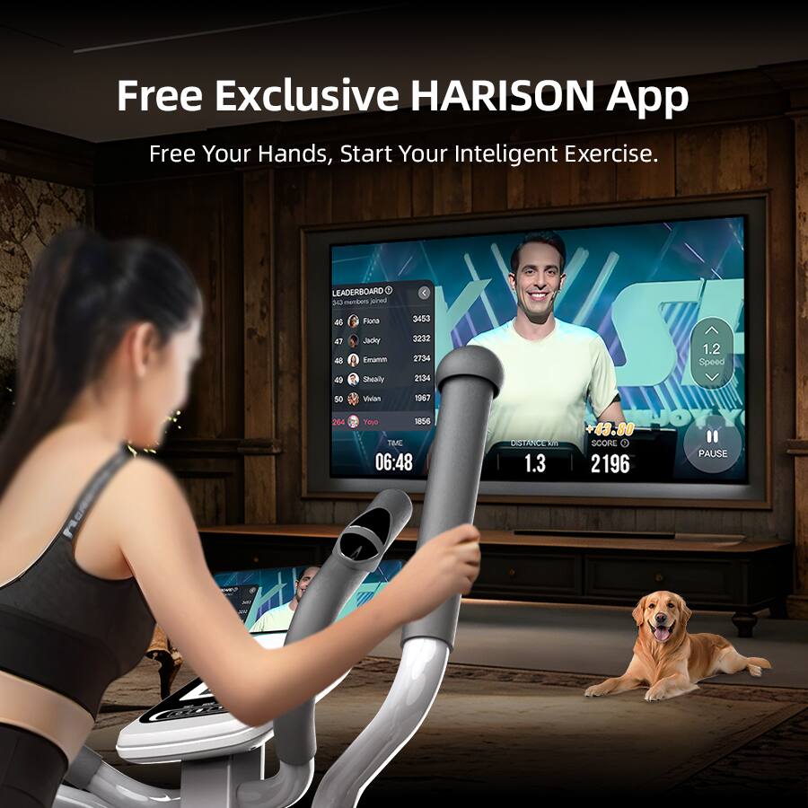 Free Exclusive HARISON App  
Free Your Hands, Start Your Intelligent Exercise.

LEADERBOARD  
343 members joined

1. Fiona 3453  
2. Judy 3232  
3. Emmam 2734  
4. Sheally 2134  
5. Vivian 1967  
6. Yoyo 1856  
7. Jacky Fan 1856  

TIME 06:48  
DISTANCE 1.3 km  
SCORE 2196  

1.2 Speed  
+43.80 SCORE  
PAUSE