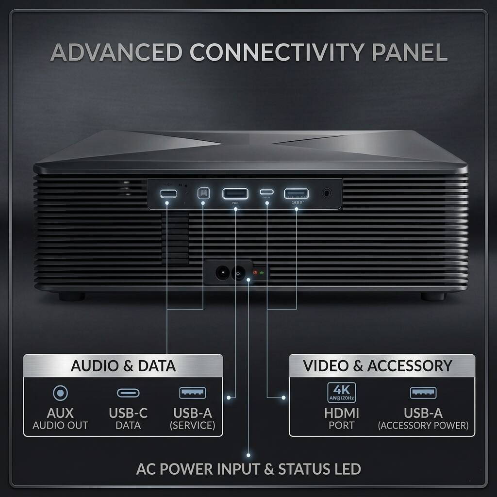 ADVANCED CONNECTIVITY PANEL

AUDIO & DATA
- AUX AUDIO OUT
- USB-C DATA
- USB-A (SERVICE)

VIDEO & ACCESSORY
- 4K HDMI PORT
- USB-A (ACCESSORY POWER)

AC POWER INPUT & STATUS LED