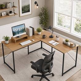 WELLFOR - 59 inch L-Shaped Desk with USB Power Outlets, 2-Person Reversible Computer Desk with Monitor Stand for Home Office - Natural