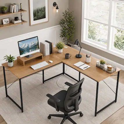 Front. WELLFOR - 59 inch L-Shaped Desk with USB Power Outlets, 2-Person Reversible Computer Desk with Monitor Stand for Home Office - Natural.