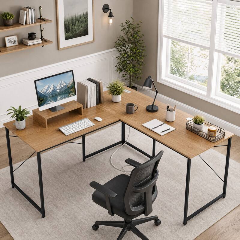 Front. WELLFOR - 59 inch L-Shaped Desk with USB Power Outlets, 2-Person Reversible Computer Desk with Monitor Stand for Home Office - Natural.