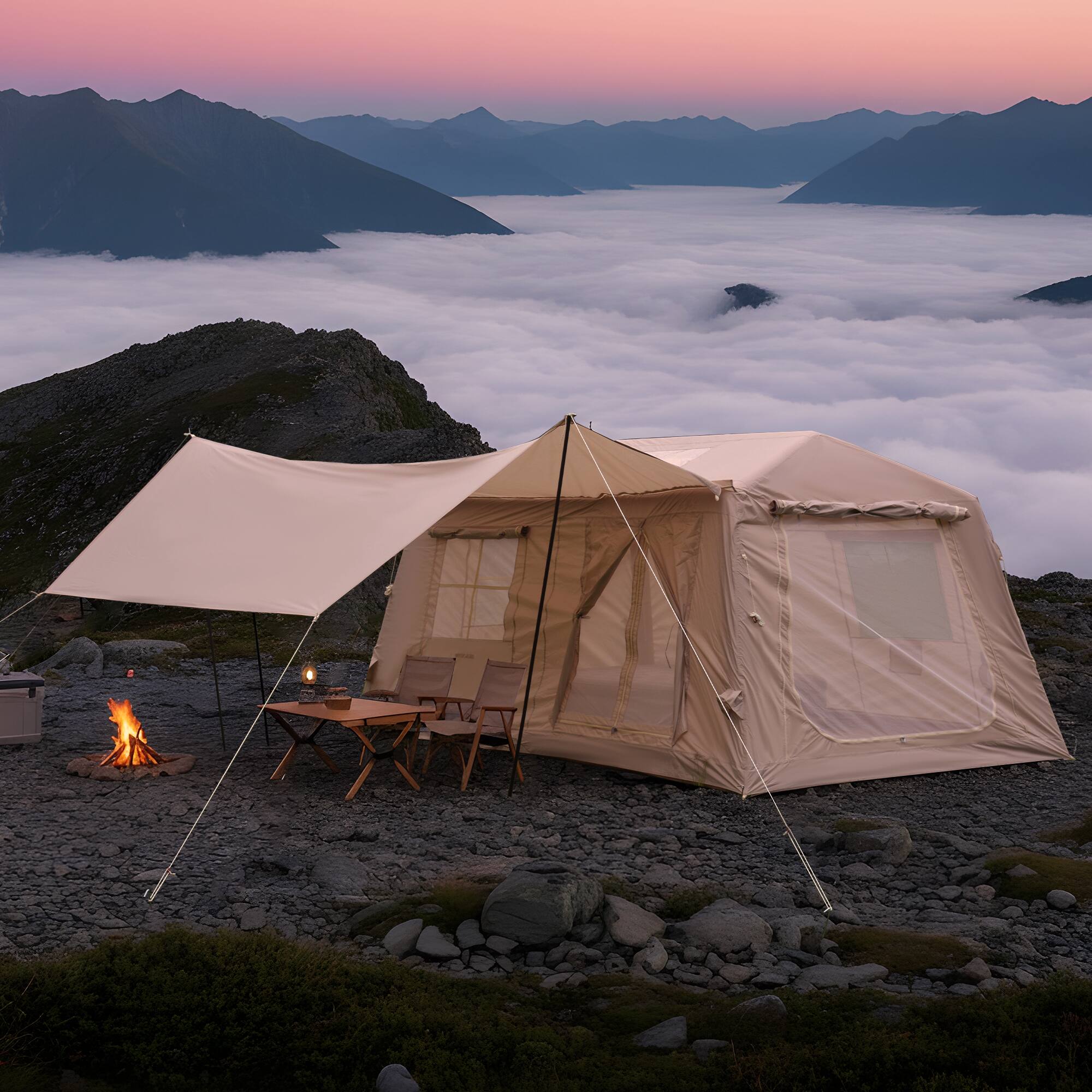 Front. Tiramisubest - Inflatable Camping Tent with Canopy, Waterproof, 4 Season, Easy Setup, for 4/6/8 Persons, with Stove Jack & AC Port - Beige.