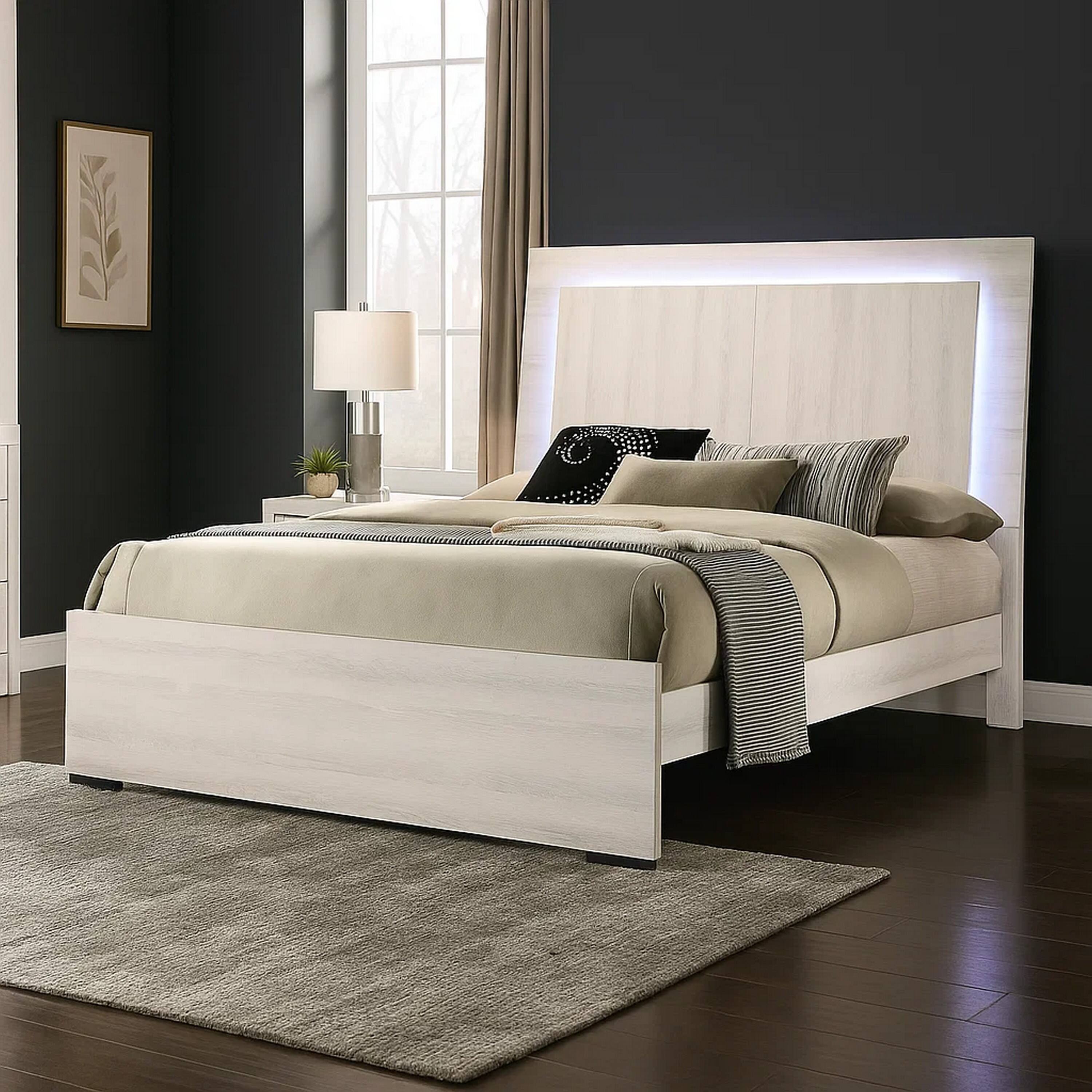 Alt View 6. Manhattan Lane - Hyao Queen Size Bed w LED on Headboard, Antique White Wash Finsih - White Wash.
