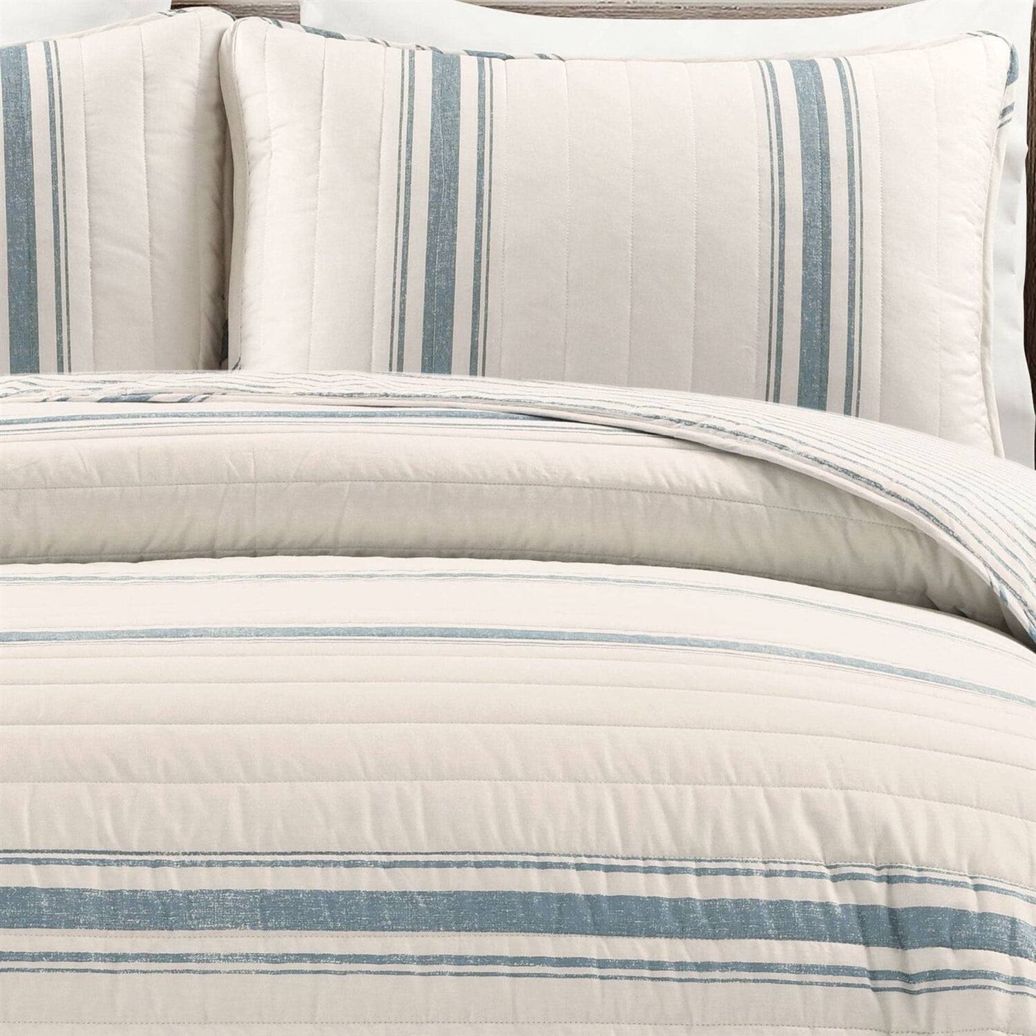 Left. Hivvago - King size Blue Off-White Cream Stripe 3 Piece Reversible Cotton Quilt Set - Blue, Off-White, Cream.