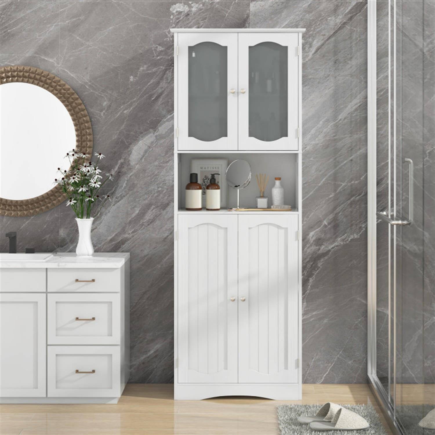 Alt View 5. Pefilos - 64.5" Tall Freestanding Bathroom Storage Cabinet with Frost Glass Doors and Shelves, Pantry Cabinets, White - White.