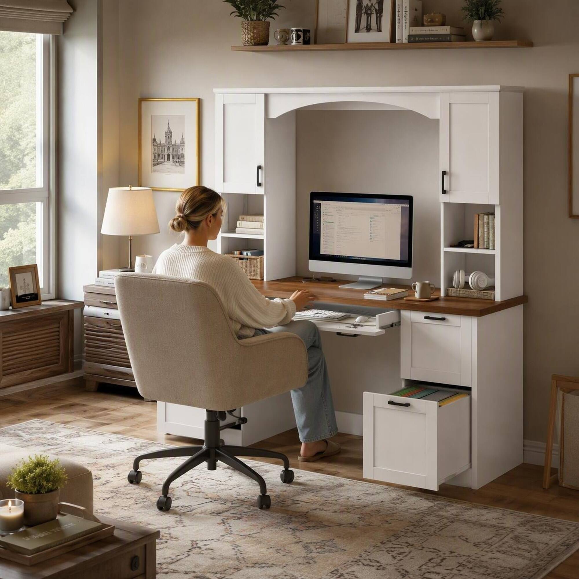 Angle. RYHNUYNE - Farmhouse Arched Computer Desk with Hutch, Walnut, White Finish, Charging Station and Keyboard Tray, 67.4 inches Wide - White.