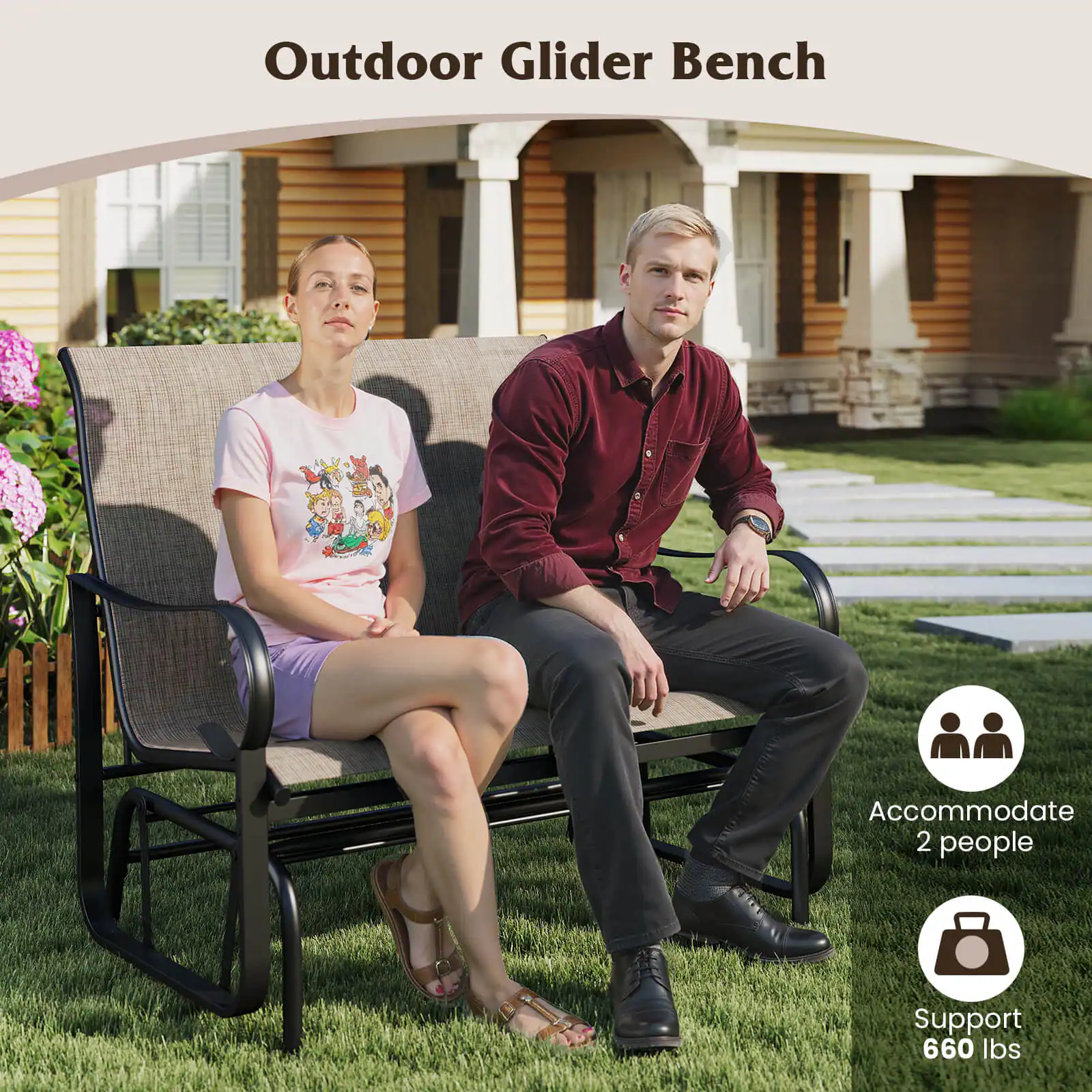Outdoor Glider Bench

Accommodate 2 people

Support 660 lbs