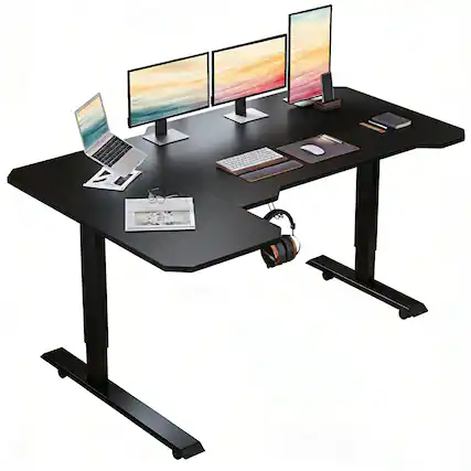 Front. Chateau Abodes - 59" Electric L-Shaped Standing Desk with Adjustable Height, Universal Wheel, 4 Memory Buttons & Type-C - Black.