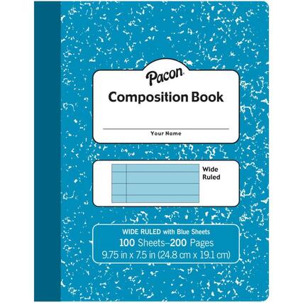 Pacon Composition Book
Your Name
Wide Ruled
WIDE RULED with Blue Sheets
100 Sheets - 200 Pages
9.75 in x 7.5 in (24.8 cm x 19.1 cm)