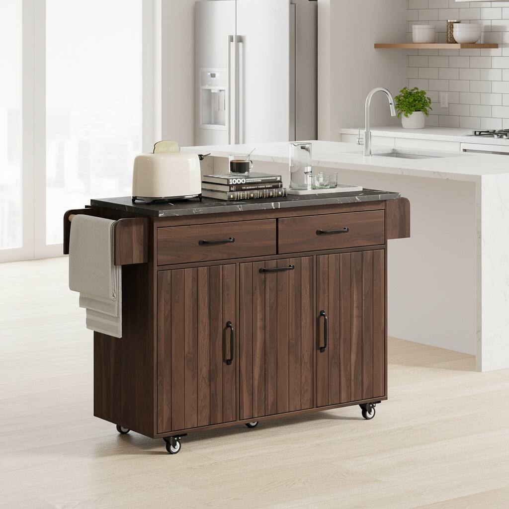 Left. Forest'nSky - Kitchen Island with Trash Can Storage & Drop Leaf – Rolling Cart with Spice Rack, Towel Rack, Brown - Brown.
