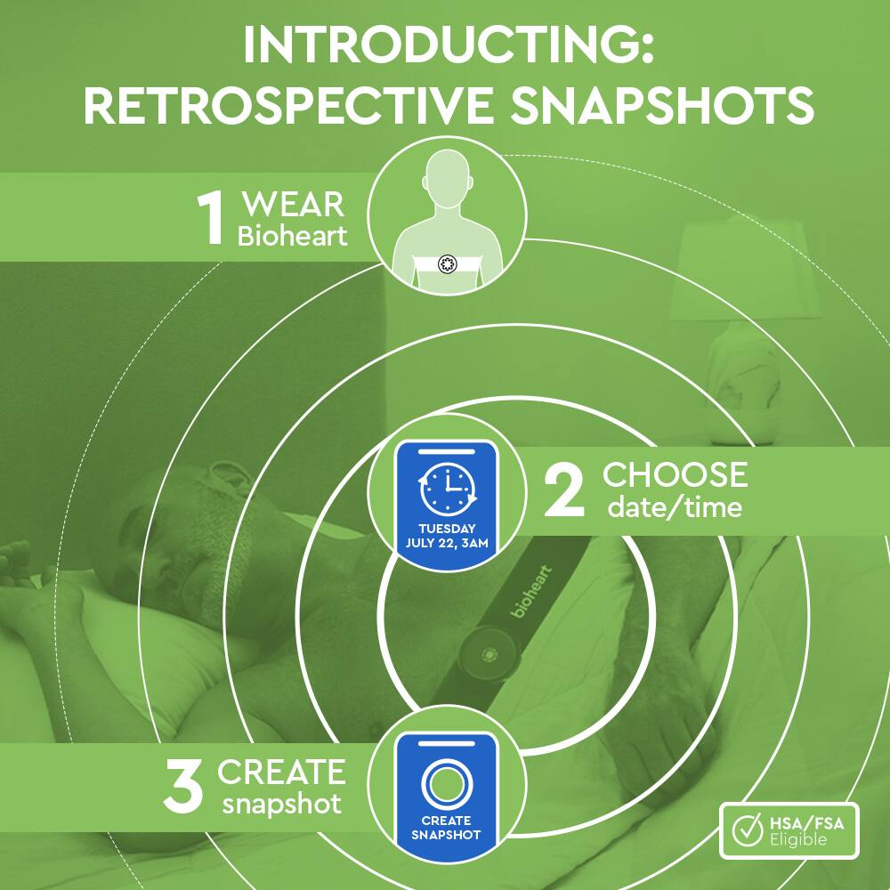 INTRODUCING: RETROSPECTIVE SNAPSHOTS

1. WEAR Bioheart

2. CHOOSE date/time  
   TUESDAY JULY 22, 2, 3AM

3. CREATE snapshot

HSA/FSA Eligible