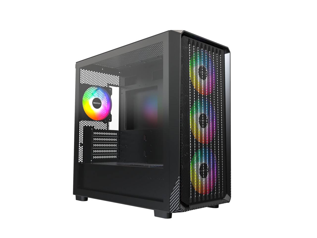 Angle. Montech - MONTECH X5M - Micro ATX Gaming Case, 4x120mm ARGB Fans, Glass Side, Carbon Accents, Black - Black.