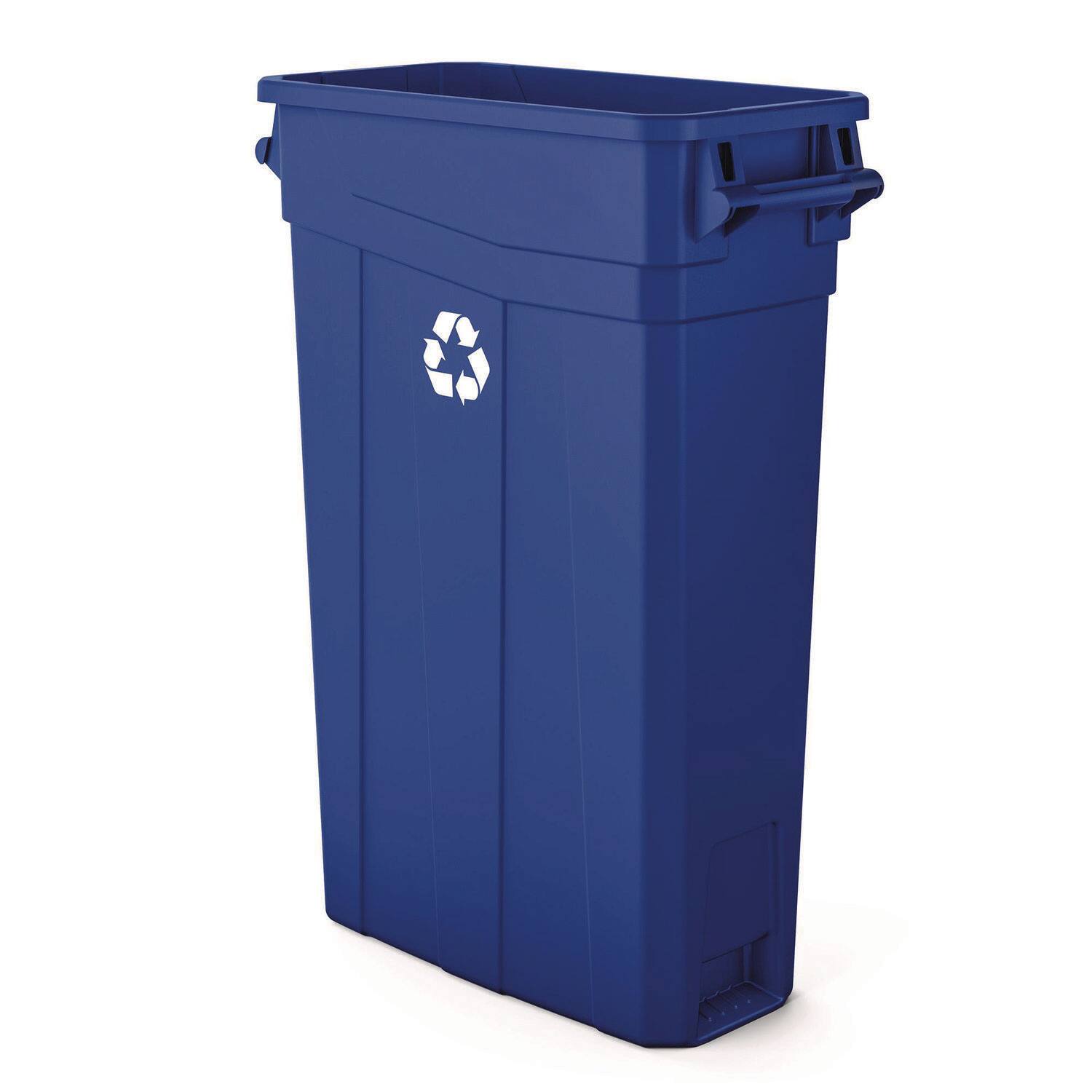 Angle. Suncast - 23 Gallon Resin Slim Recycling Trash Can, Plastic, Blue/White.