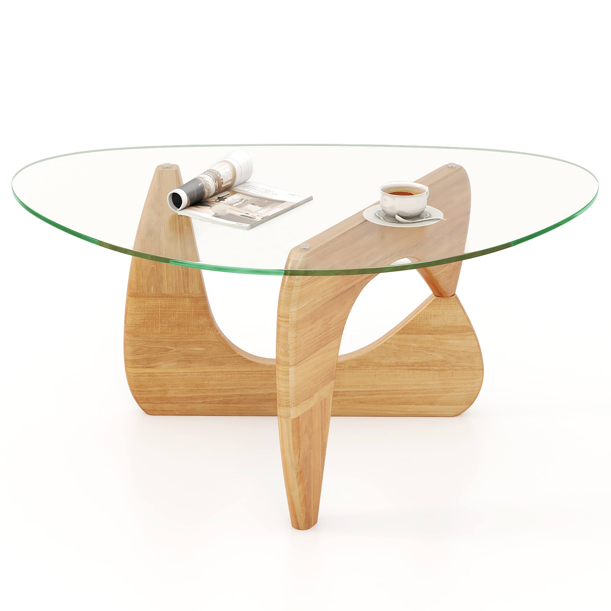 Alt View 9. Gymax - Gymax Triangle Coffee Table w/ Tempered Glass Top & Adjustable Rubber Wood Base - Natural.