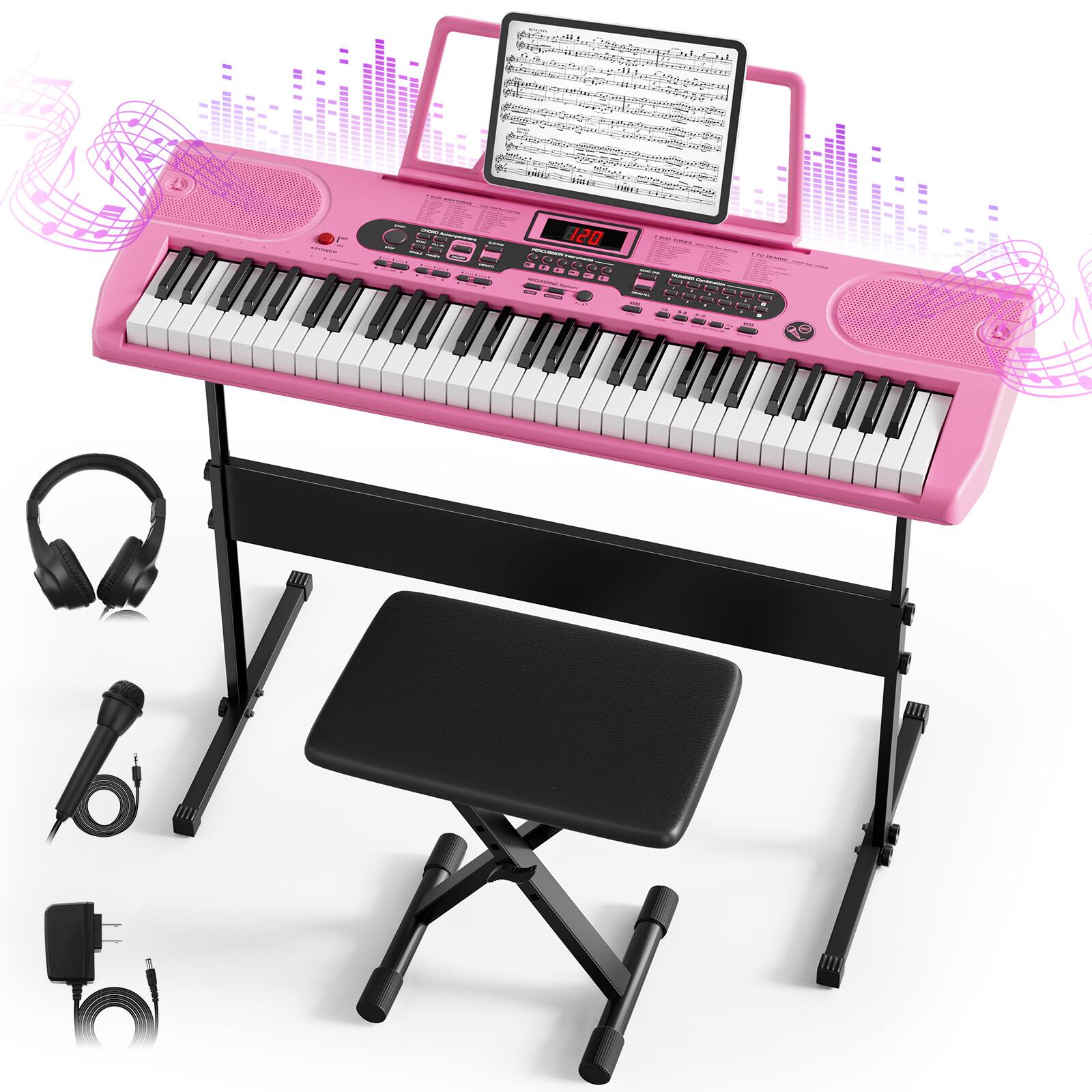 Front. Sugift - 61-Key Electric Keyboard Piano for Beginners with Stand, Bench, Microphone, Headphones, Dual Speakers & Teaching Mo - Pink.