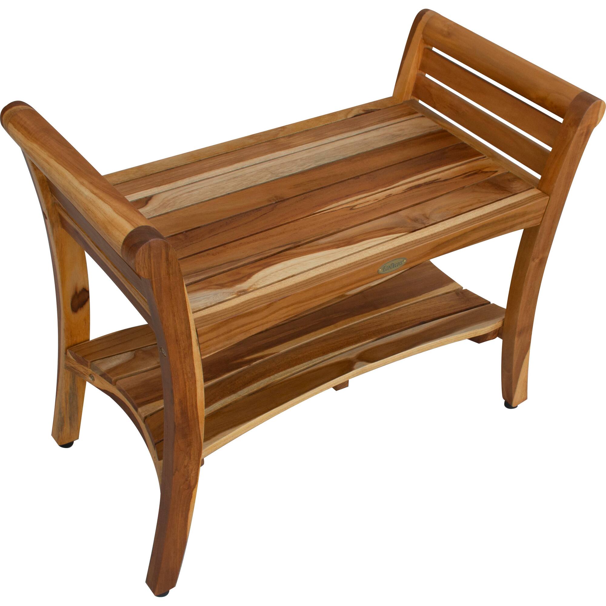 Left. EcoDecors - EcoDecors EarthyTeak Symmetry 29" Teak Shower Bench With Shelf And LiftAide Arms - EarthyTeak.