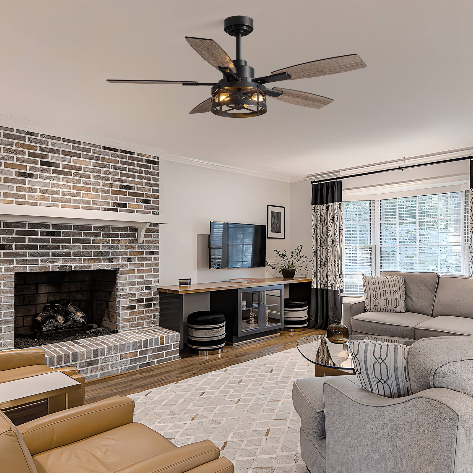 Alt View 5. Siljoy - 52-in Rustic Cage Ceiling Fan with Walnut or Black Color Blades Ceiling Fan With Light - Remote Included ( 5-Blade ) - Matte Black.