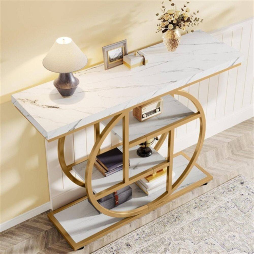 Back. Hivvago - Modern Round Gold Metal Frame Foyer Console Table with White Faux Marble Shelves - Gold, White.