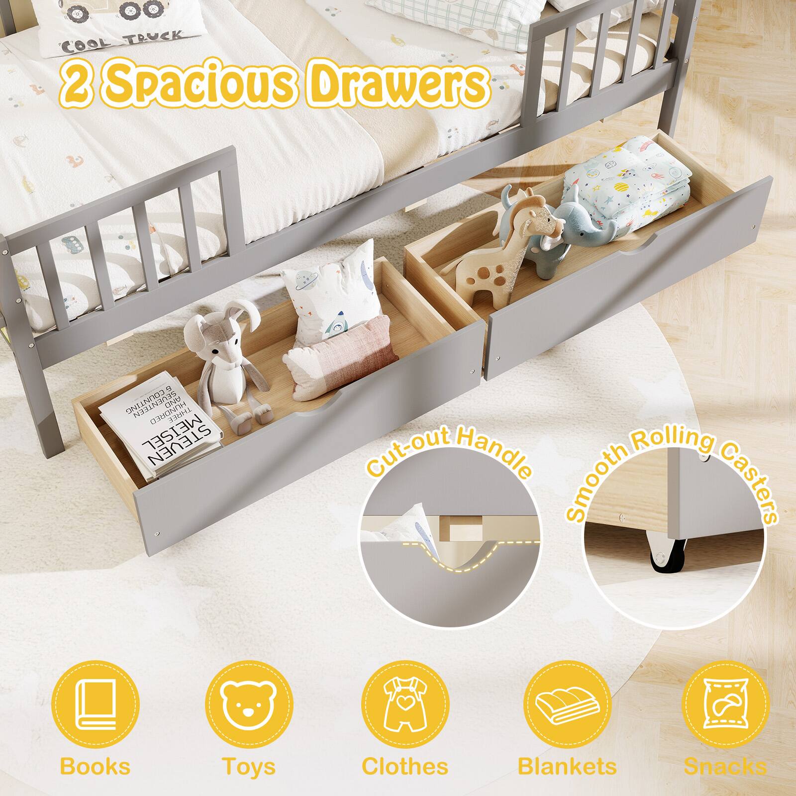 COOL TRUCK

2 Spacious Drawers

Cut-out Handle

Smooth Rolling Casters

Books

Toys

Clothes

Blankets

Snacks