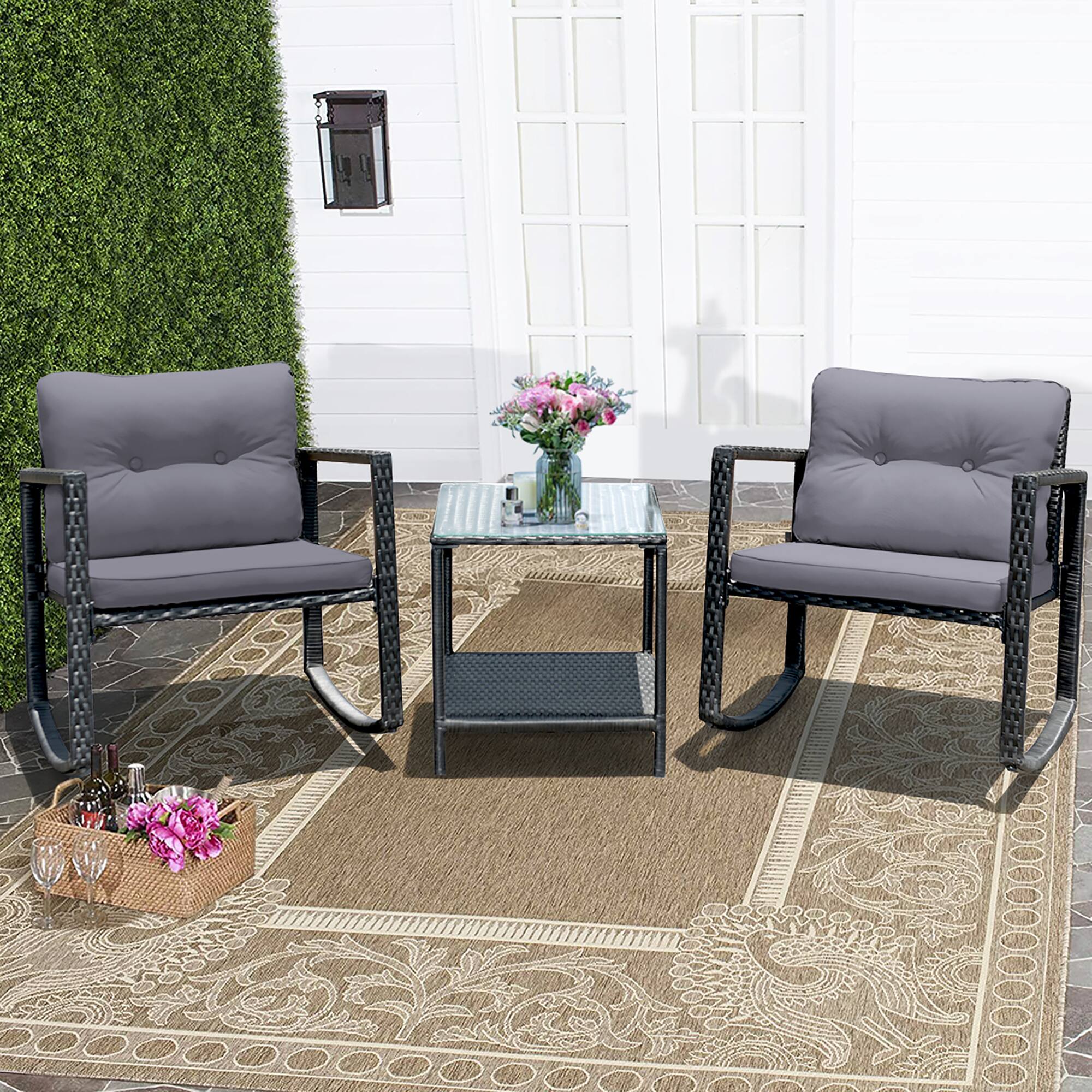 Alt View 1. Costway - 3PCS Patio Rattan Furniture Set Rocking Chairs Cushioned Sofa - Gray.