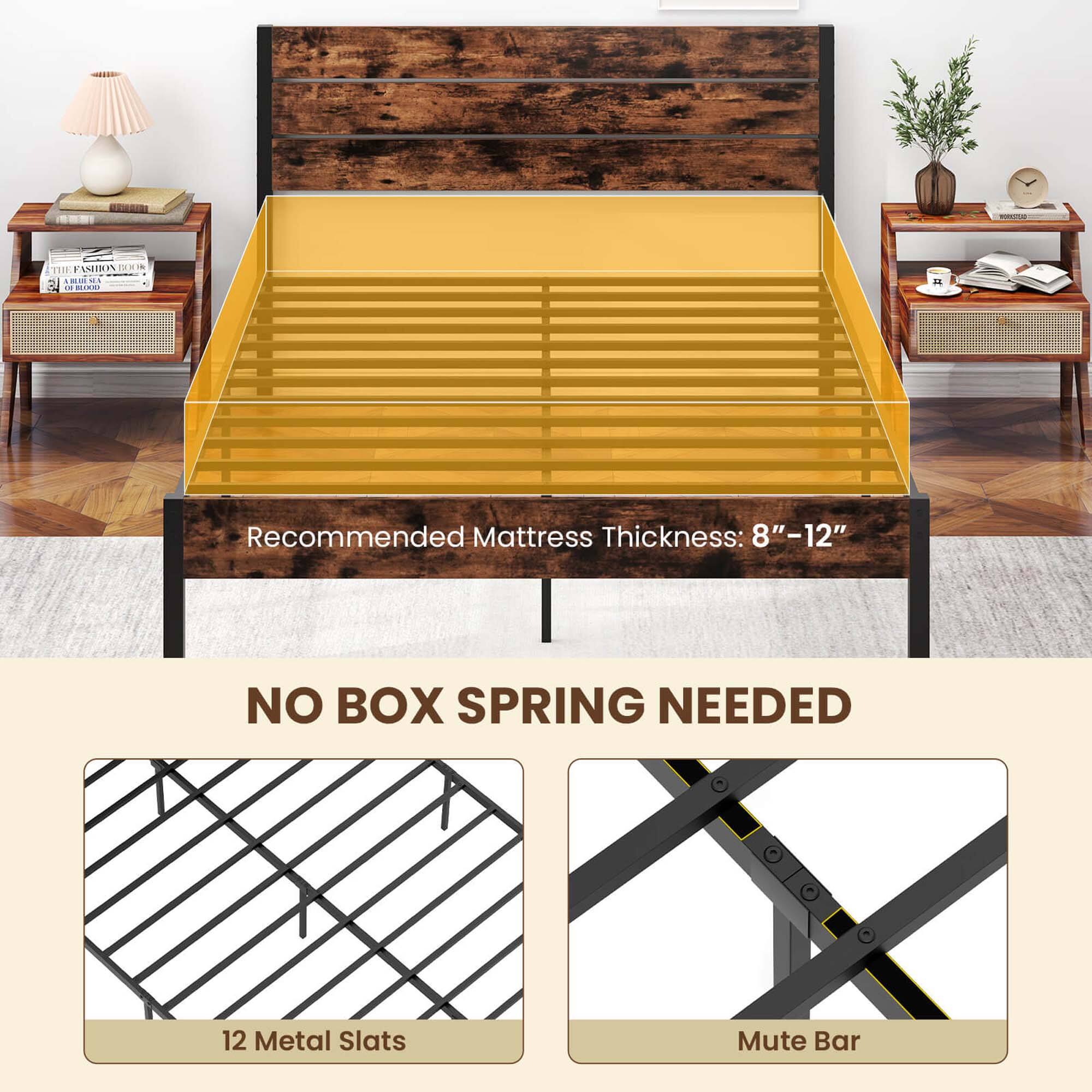 The text on the image reads: "Recommended Mattress Thickness: 8"-12" NO BOX SPRING NEEDED 12 Metal Slats Mute Bar."