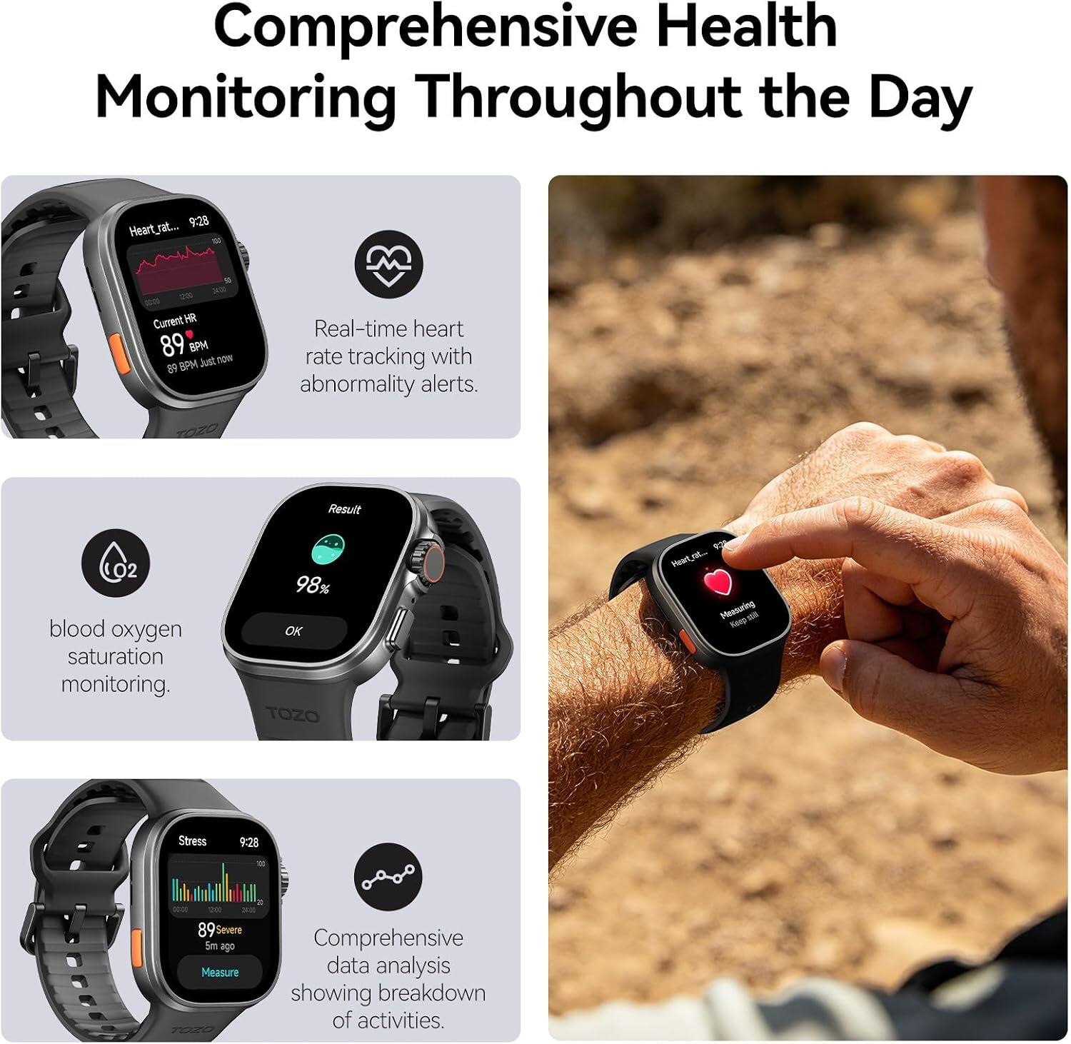 Comprehensive Health Monitoring Throughout the Day

- Heart rate: 928
- Current HR: 89 BPM
- TOW: 89 BPM
- Real-time heart rate tracking with abnormality alerts.
- Result: 02 blood oxygen saturation monitoring: 98% OK
- TOZO
- Stress: 9:28
- 89 Severe
- 5min ago
- Measure
- Comprehensive data analysis showing breakdown of activities.