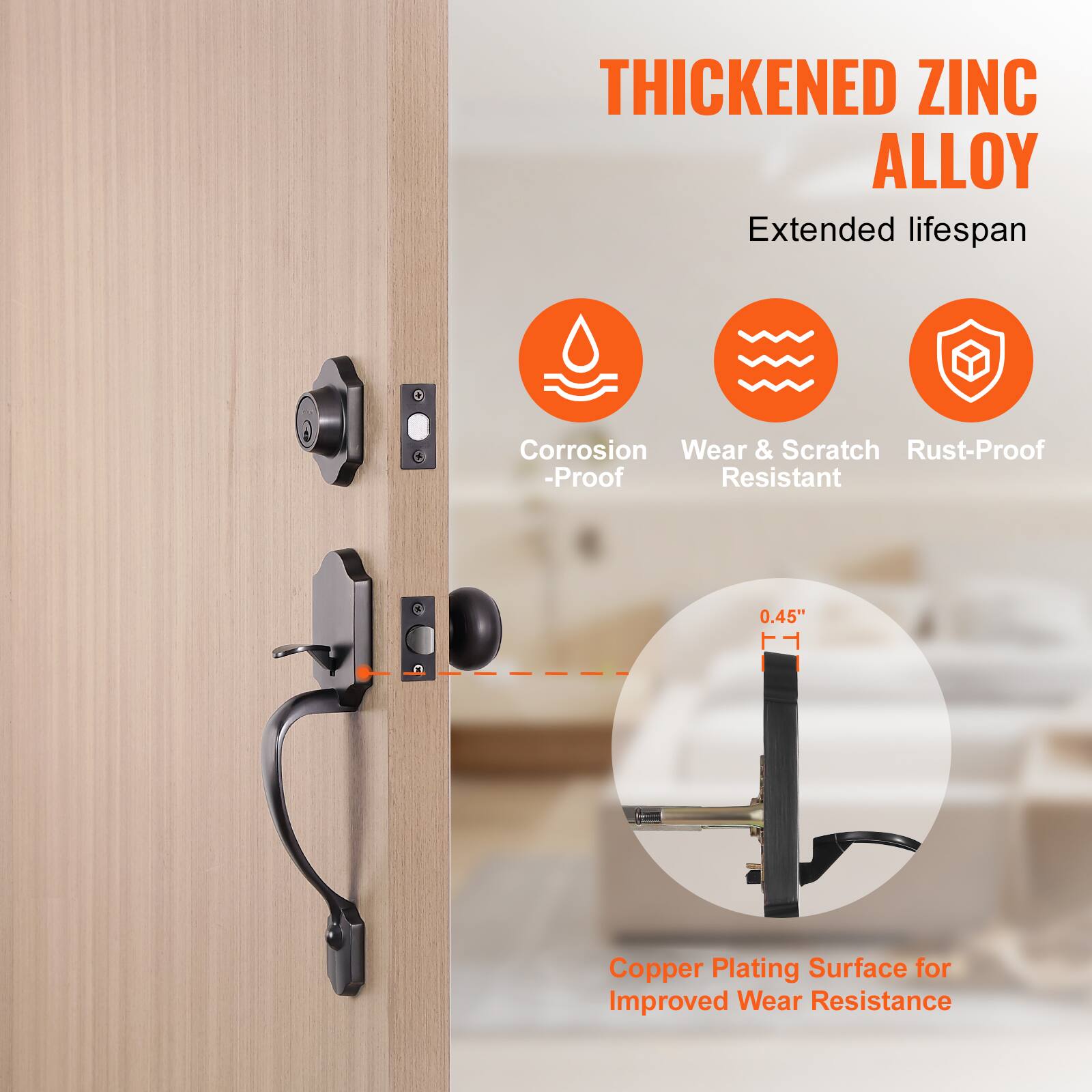 THICKENED ZINC ALLOY
Extended lifespan
Corrosion Proof
Wear & Scratch Resistant
Rust-Proof
0.45"
Copper Plating Surface for Improved Wear Resistance