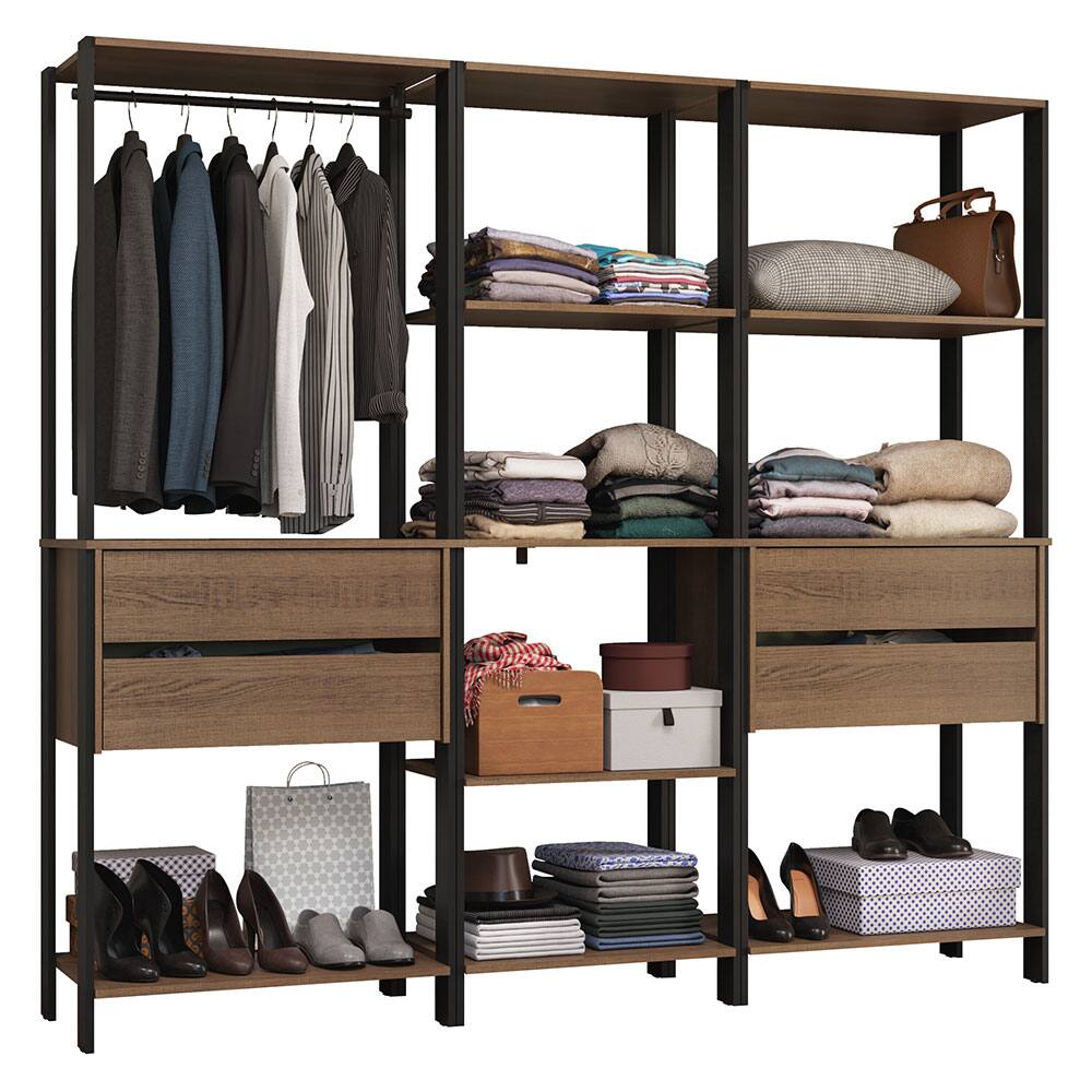 Angle. Madesa - Madesa Wardrobe Clothes Storage Rack with 4 Drawers, Open Shelves and Hanging Space 78"L - Black/Brown - Rustic/Black.