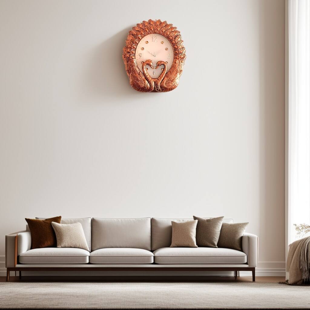 Angle. FC Design - 22"H Antique Copper Ornate Swan-Heart Peacock Feather Wall Clock - Multicolor.