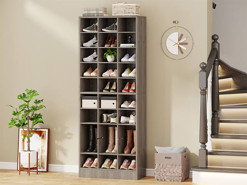 Alt View 1. TinyHomie - 25.6 Inches 10-Tier Grey Wooden Shoe Storage Cabinet Modern 30-Cubby Wooden Shoe Rack Organizer - Grey.
