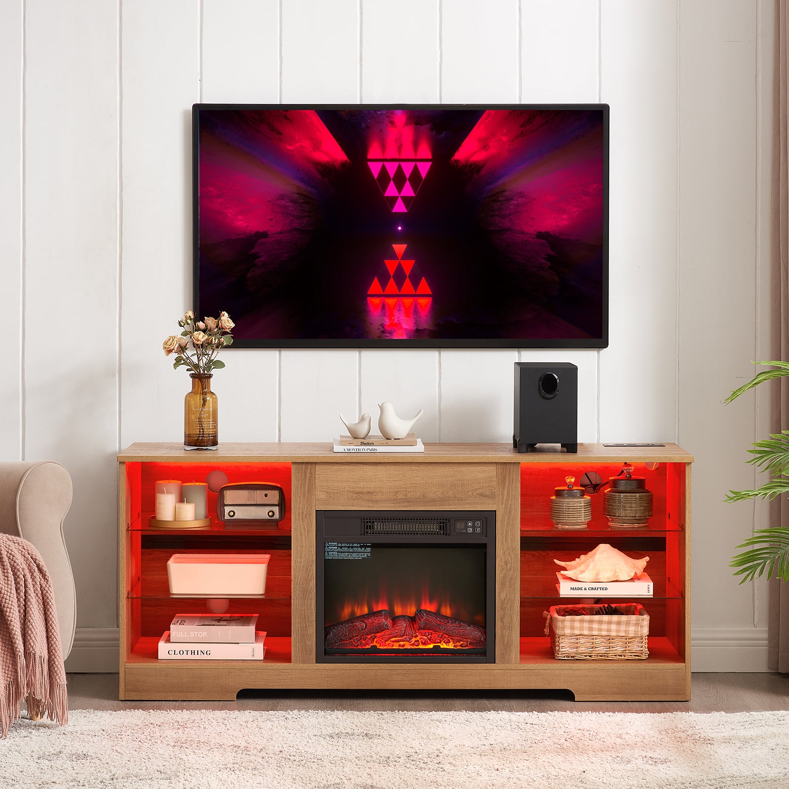 Chateau Abodes - 58" Fireplace TV Stand with 18" Electric Fireplace, USB Port & Glass Console for TVs up to 65" - Oak