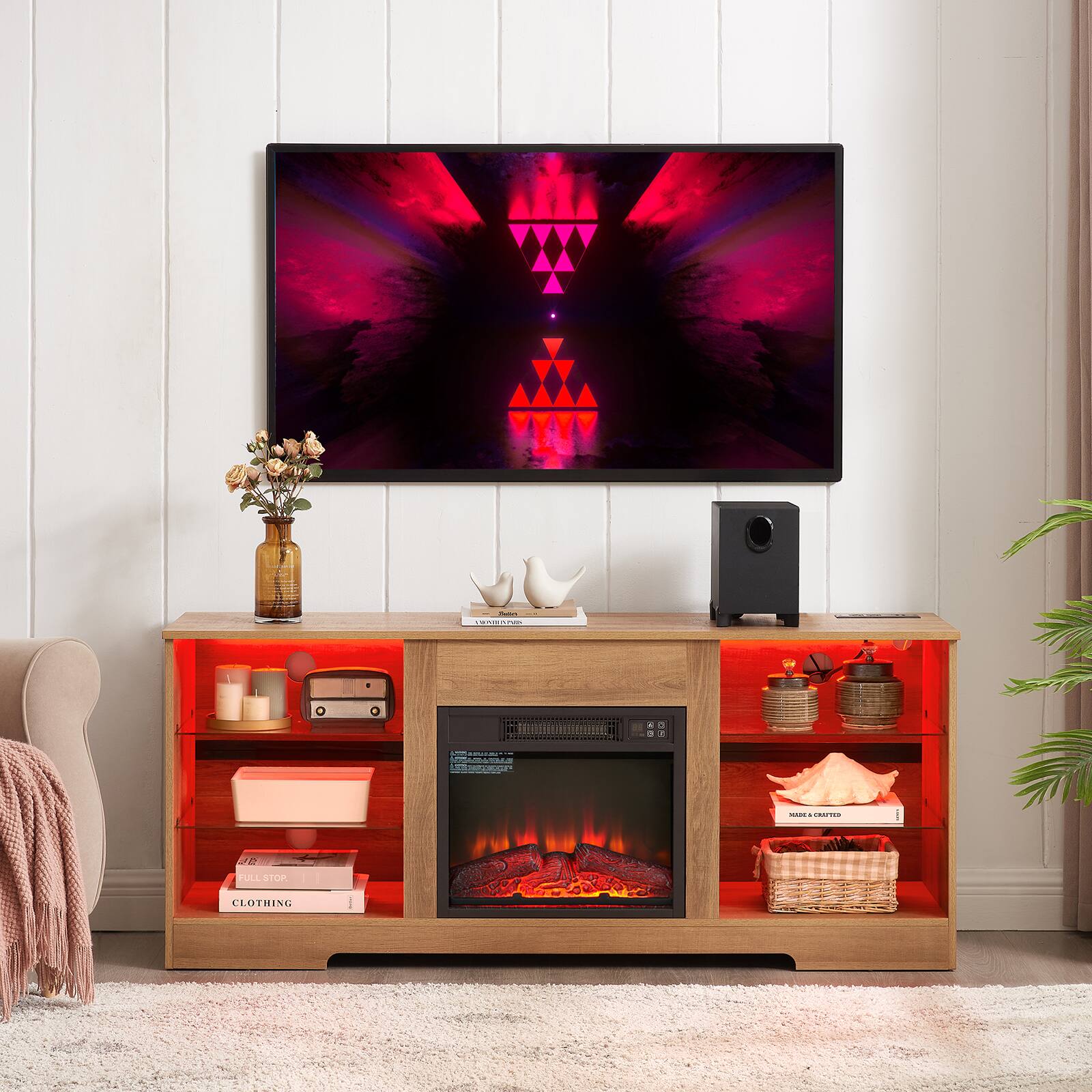 Chateau Abodes - 58" Fireplace TV Stand with 18" Electric Fireplace, USB Port & Glass Console for TVs up to 65" - Oak