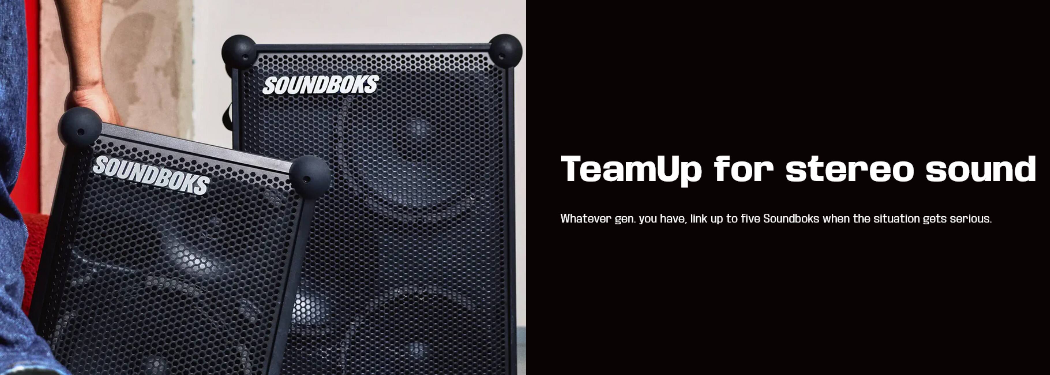 SOUNDBOKS

TeamUp for stereo sound

Whatever gen. you have, link up to five Soundboks when the situation gets serious.