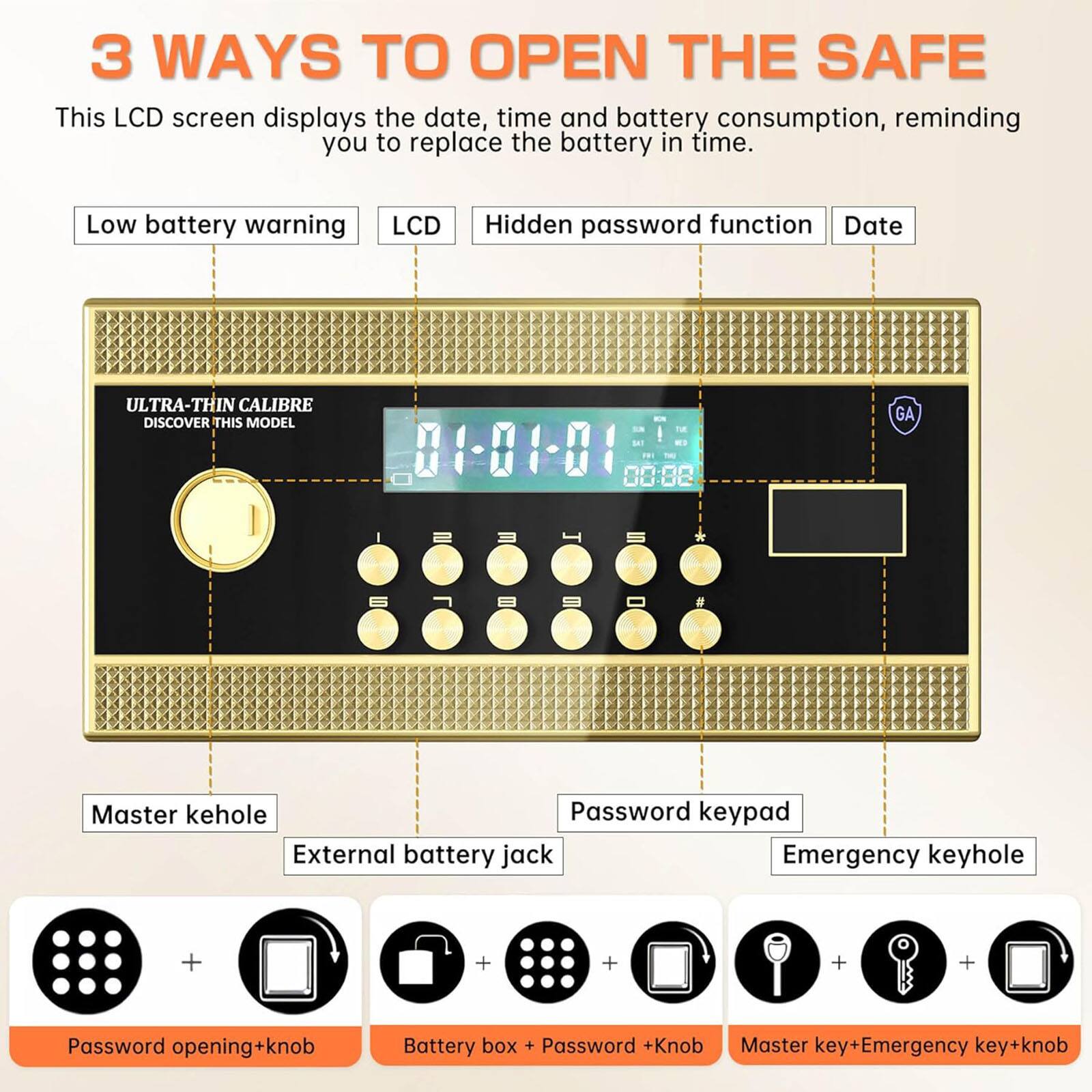 3 WAYS TO OPEN THE SAFE

This LCD screen displays the date, time, and battery consumption, reminding you to replace the battery in time.

- Low battery warning
- LCD
- Hidden password function
- Date

ULTRA-THIN CALIBRE  
DISCOVER THIS MODEL

- Master kehole
- Password keypad
- External battery jack
- Emergency keyhole

Password opening+knob  
Battery box + Password +Knob  
Master key+Emergency key+knob