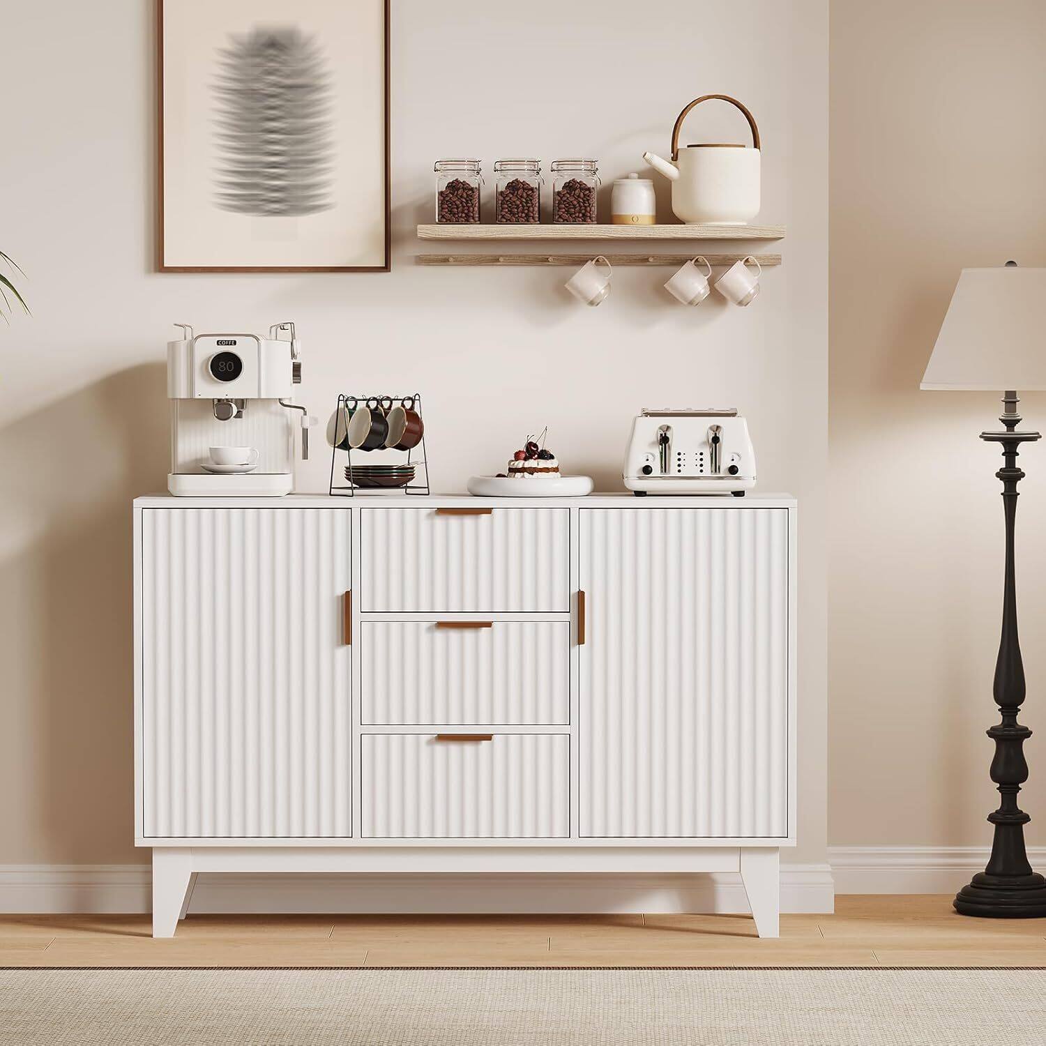 Left. GARVEE - Modern Fluted Sideboard Buffet Cabinet with Storage, Farmhouse Kitchen Storage Cabinet with 2 Doors, White - White.
