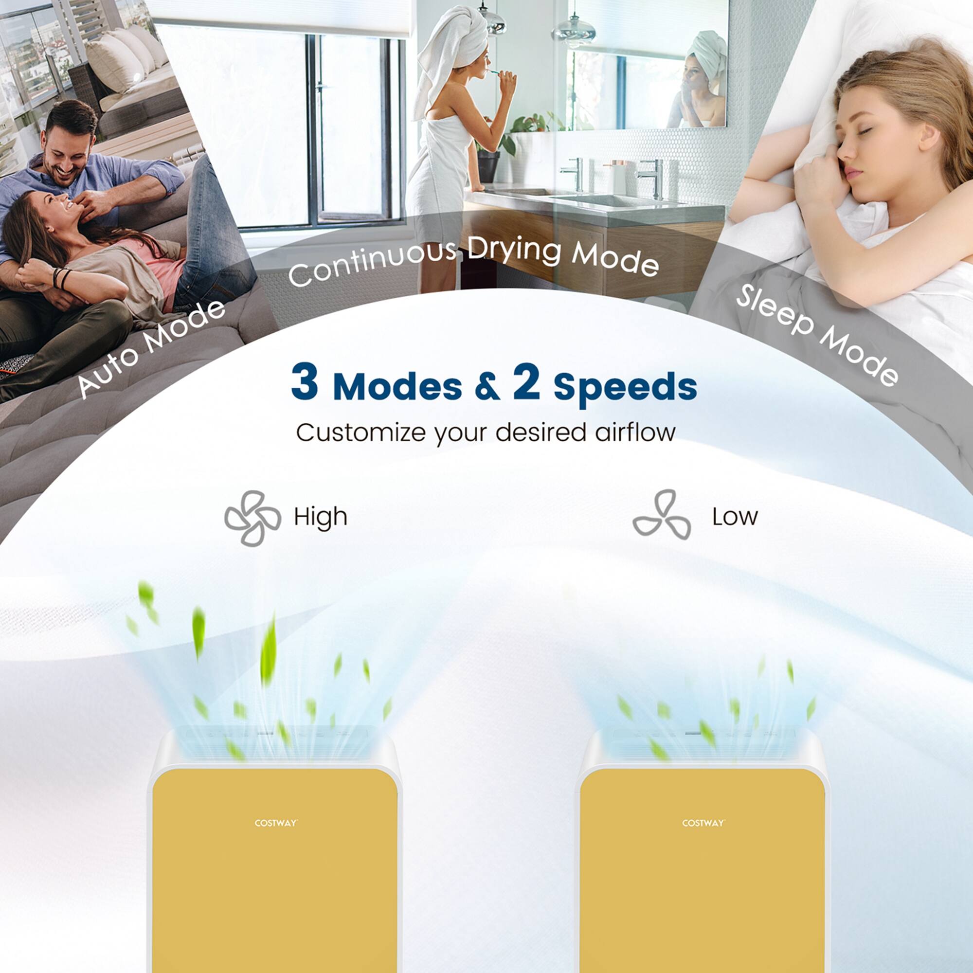 Continuous Drying Mode, Sleep Mode, Auto Mode, 3 Modes & 2 Speeds Mode, Customize your desired airflow, High & Low.