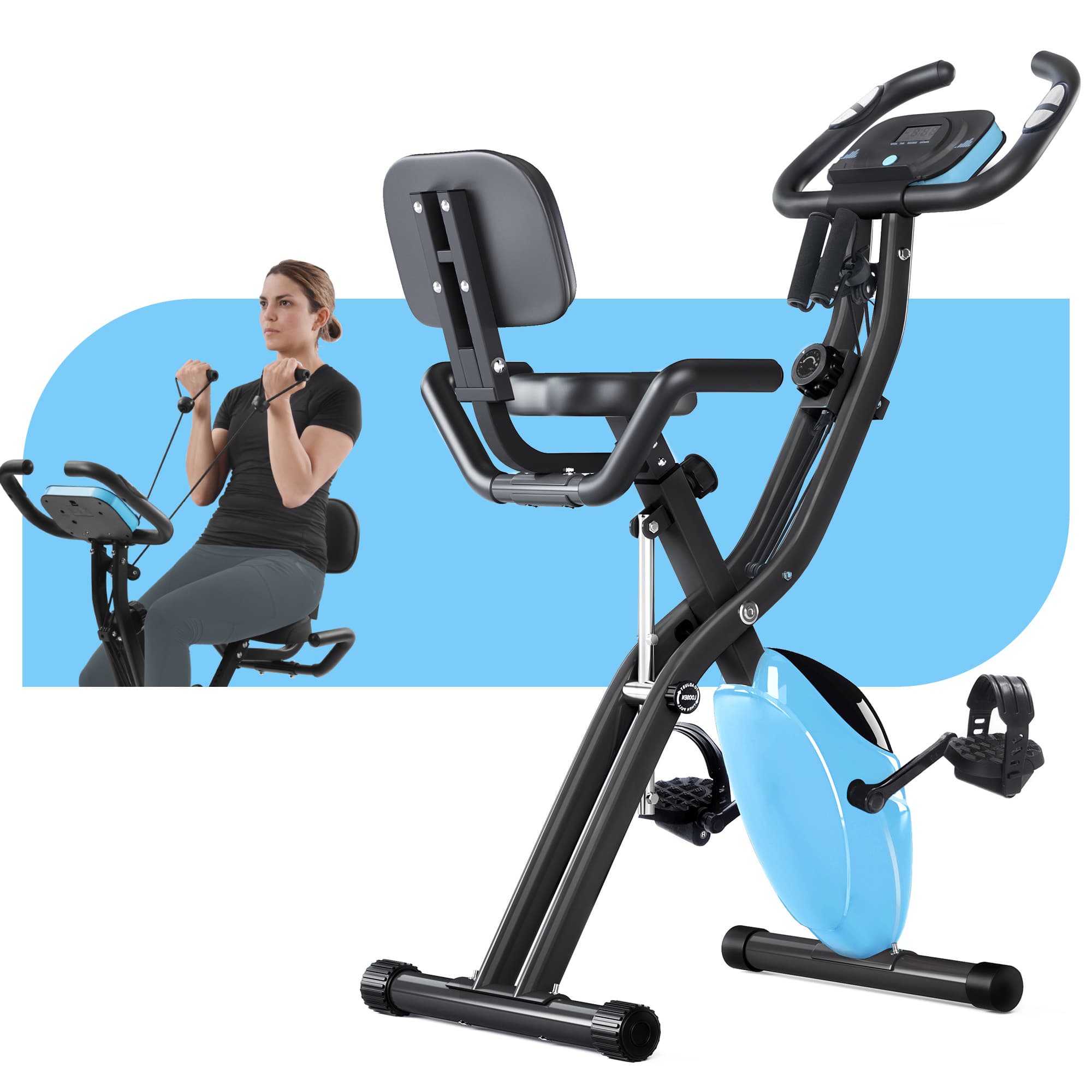 Angle. Lycvki - Folding Exercise Bike Fitness Upright and Recumbent X Bike with 16 Level Adjustable Resistance Arm Bands and Backrest - light blue.