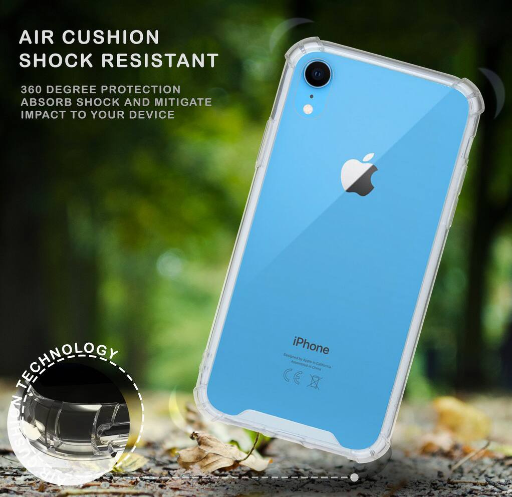 AIR CUSHION SHOCK RESISTANT  
360 DEGREE PROTECTION  
ABSORB SHOCK AND MITIGATE IMPACT TO YOUR DEVICE  

TECHNOLOGY  

iPhone  
Designed by Apple in California  
Assembled in China  

CE